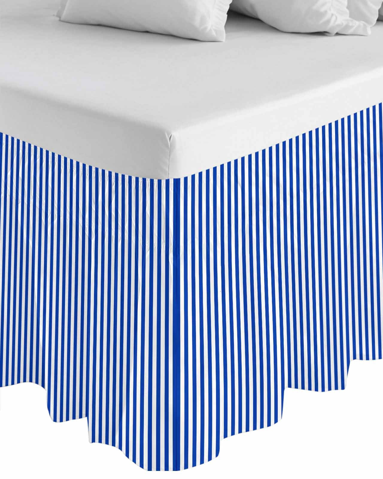 Navy Blue Stripe Wrap Around Bed Skirts for Queen Bed 16" Drop,Bed Skirt with Adjustable Elastic Belt Dust Ruffle Bed Valance for Bedroom Hotel Modern White Vertical Striped Geometric Bed Frame Cover
