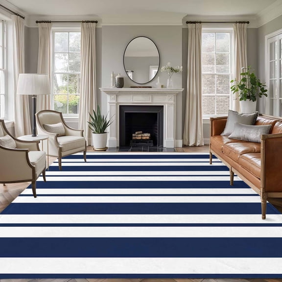 Navy Blue Striped 5'x8' Large Area Rugs Modern Stripes Farmhouse Rustic Country Washable Area Rugs Non-Slip Indoor Floor Mats Large Carpet for Living Room Bedroom Dining Room