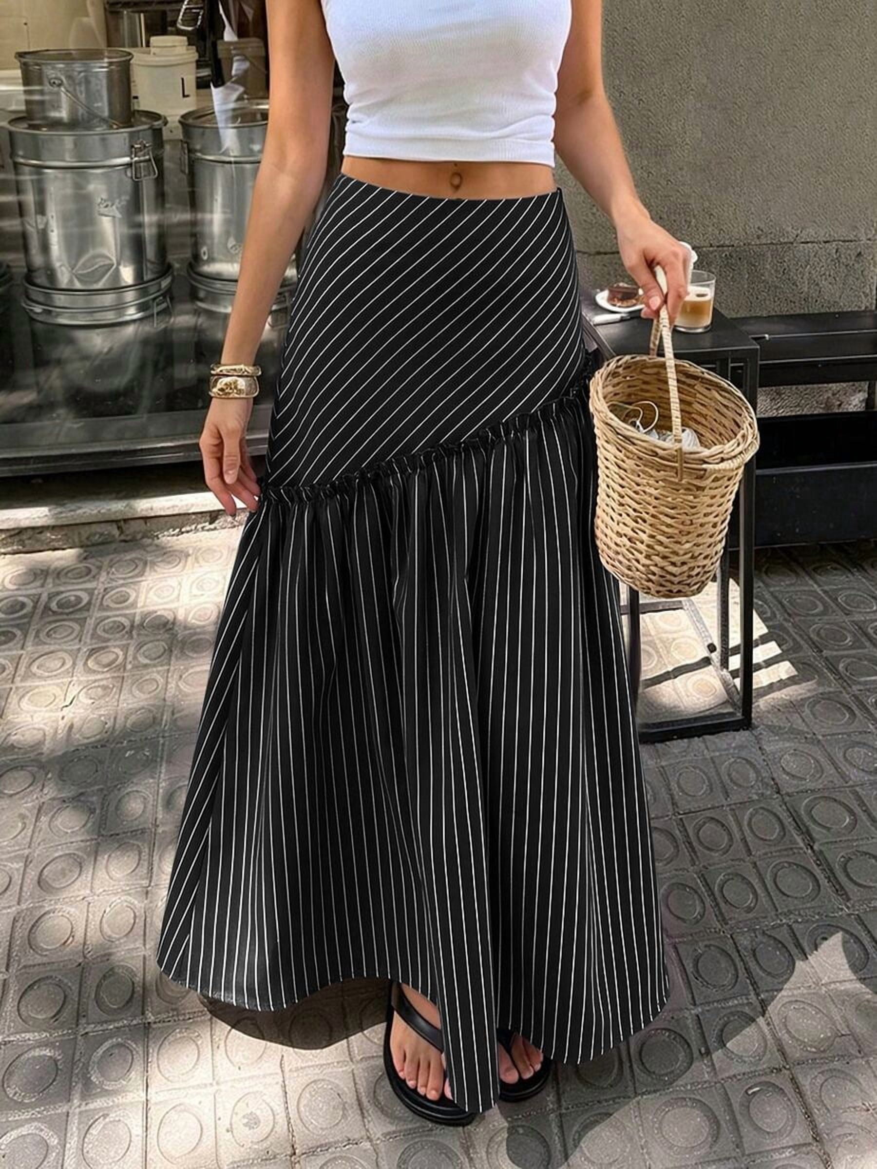 Navy Blue Striped A-Line Midi Skirt For Women Picn - Walmart.com
