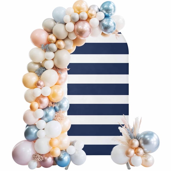 Navy Blue Striped Arch Backdrop Cover 5 FT Modern Stripe Simple Style Abstract Stretchy Elastic Arch Stand Covers Spandex Arched Background Birthday Wedding Party Decoration (No Stand)