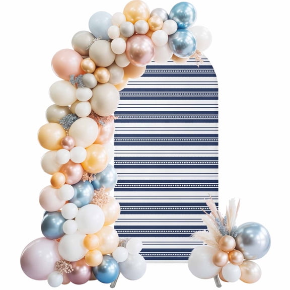 Navy Blue Striped Arch Backdrop Cover 5Ft, Wedding Arch Covers Stretchy Backdrop, Farmhouse Striped Geometric Art Fitted 2 Sided Arched Photo Background for Birthday Party Decorations