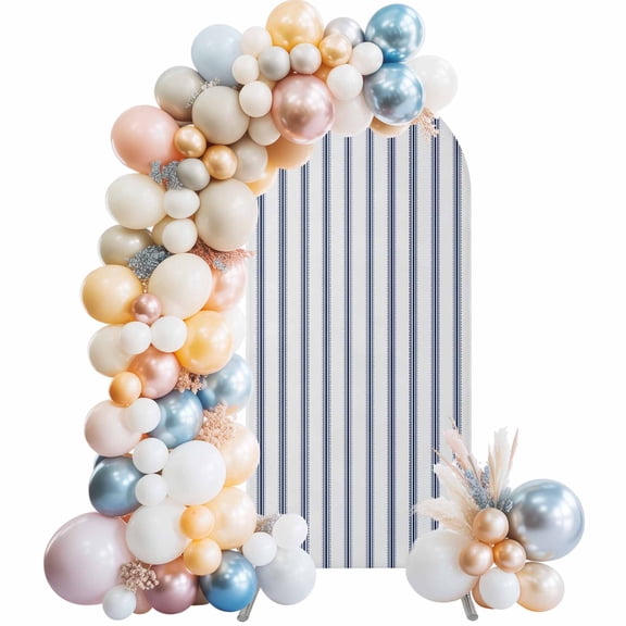 Navy Blue Striped Arch Backdrop Cover 6.6Ft, Wedding Arch Covers Stretchy Backdrop, Navy Blue White Stripes Farmhouse Fitted 2 Sided Arched Photo Background for Birthday Party Decorations