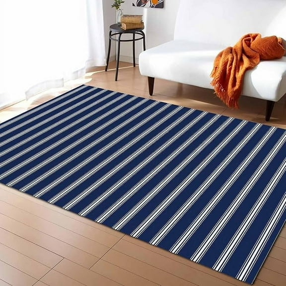 Navy Blue Striped Area Rugs For Living Room Bedroom, Area Rug Non-Slip, Navy Blue White Farmhouse Stripes Kids Room Area Rug Washable Accent Floor Carpet Runner Indoor Outdoor 3 x 4ft