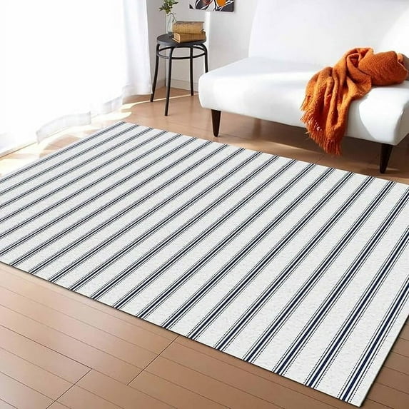 Navy Blue Striped Area Rugs For Living Room Bedroom, Area Rug Non-Slip, Navy Blue White Stripes Farmhouse Kids Room Area Rug Washable Accent Floor Carpet Runner Indoor Outdoor 2 x 3ft