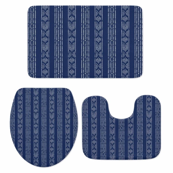 Navy Blue Striped Bath Mat 3 Piece Bathroom Rug Set, Modern Abstract Art Geometric Stripes Non Slip Bath Rug Contour Mat and Toilet Lid Cover, Absorbent Shower Mats Soft Bath Rugs and Mats Sets