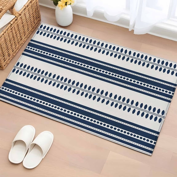 Navy Blue Striped Bathroom Rug Washable 2x3 Entryway Rug Non Slip Farmhouse Geometric Stripe Front Door Mat Low Pile Indoor Doormat Throw Floor Carpet for Kitchen Bedroom Entrance