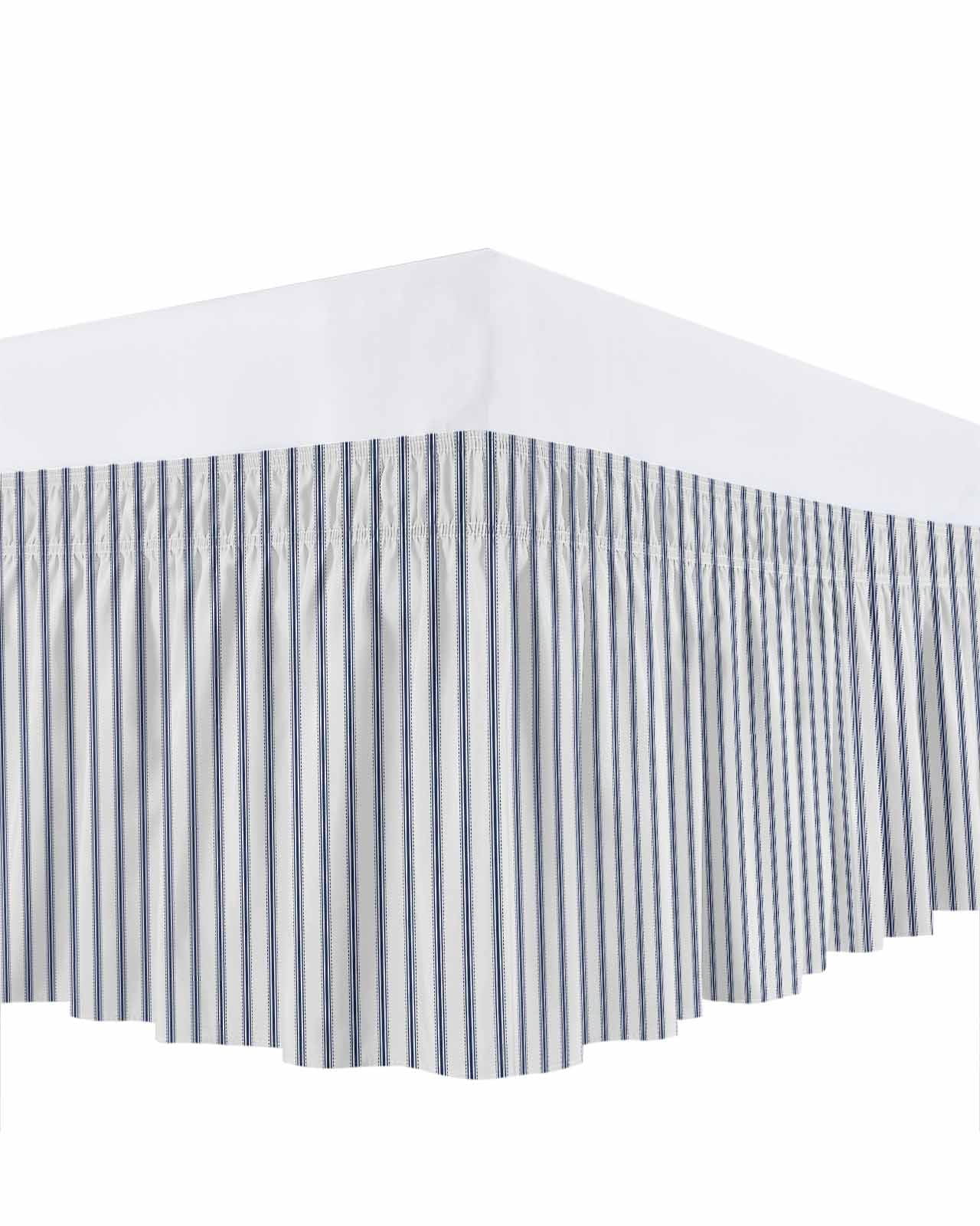 Navy Blue Striped Bed Skirt Cal King Size, Navy Blue White Stripes Farmhouse Wrap Around Bed Skirting with Adjustable Elastic Strap, Dust Ruffled Pleated Bedskirts 18 Inch Drop for Bedroom Beds