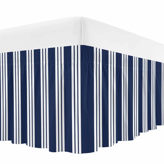 Navy Blue Striped Bed Skirt California King Size 18 Inch Drop, Modern Classic Stripes Rustic Country Farmhouse Wrap Around Dust Ruffle Bedskirt with Adjustable Elastic Belt