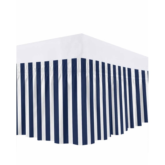 Navy Blue Striped Bed Skirt King Size, Modern Farmhouse Blue White Stripes Wrap Around Bed Skirting with Adjustable Elastic Strap, Dust Ruffle Pleated Bedskirts 16 Inch Drop for Bedroom King Beds