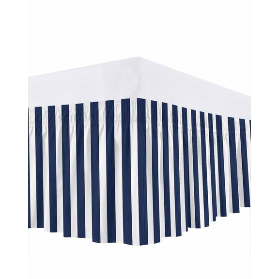 Navy Blue Striped Bed Skirt Queen Size 16" Drop White Striped Geometric Ruffled Wrap Around Bed Skirts Adjustable Elastic Bedskirt Dust Ruffle for Queen Size Bed