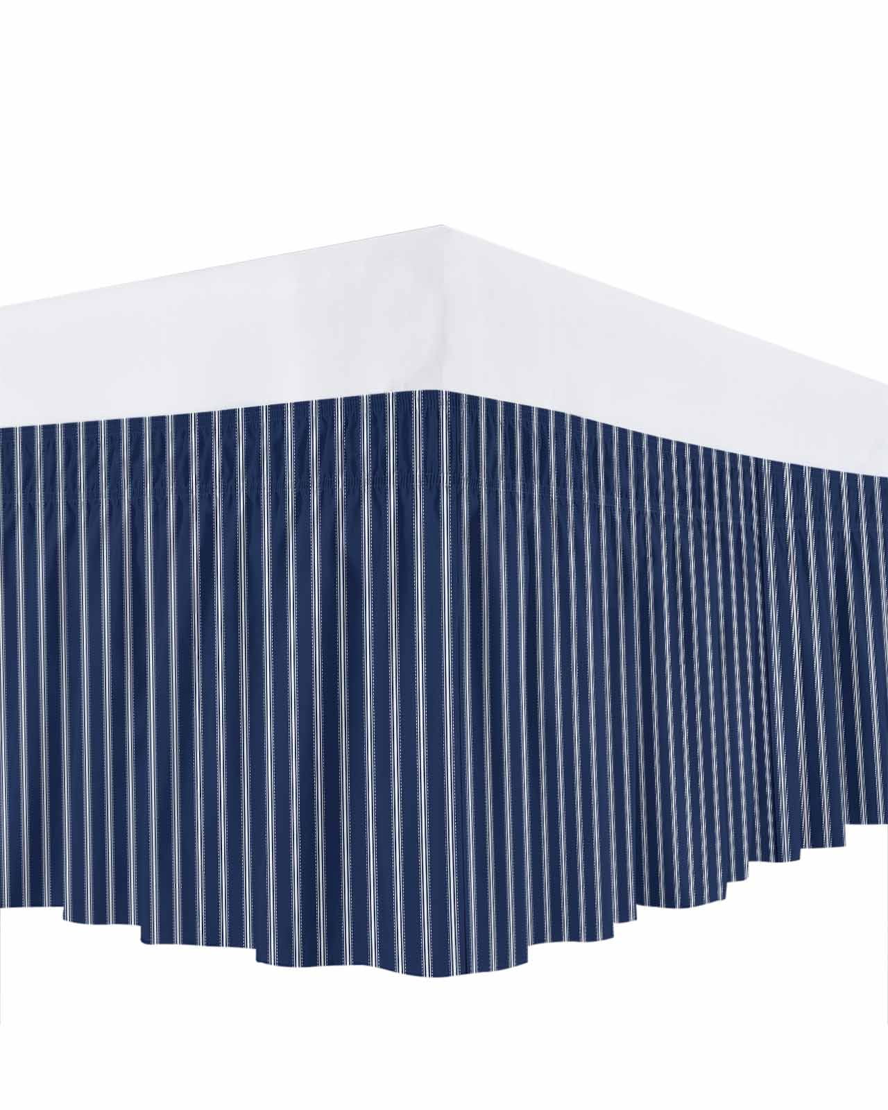 Navy Blue Striped Bed Skirt Queen Size, Navy Blue White Farmhouse Stripes Wrap Around Bed Skirting with Adjustable Elastic Strap, Dust Ruffle Pleated Bedskirts 18 Inch Drop for Bedroom Queen Beds