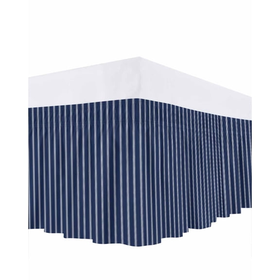 Navy Blue Striped Bed Skirt Queen Size, Navy Blue White Farmhouse Stripes Wrap Around Bed Skirting with Adjustable Elastic Strap, Dust Ruffle Pleated Bedskirts 16 Inch Drop for Bedroom Queen Beds