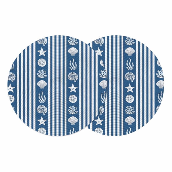Navy Blue Striped Coastal Round 15 Inch Placemats Set of 2, Nautical Beach Starfish Shell HeatResistant Non Slip Place Mats for Dining Table, Wipeable Braided Kitchen Table Mats for Housewarming