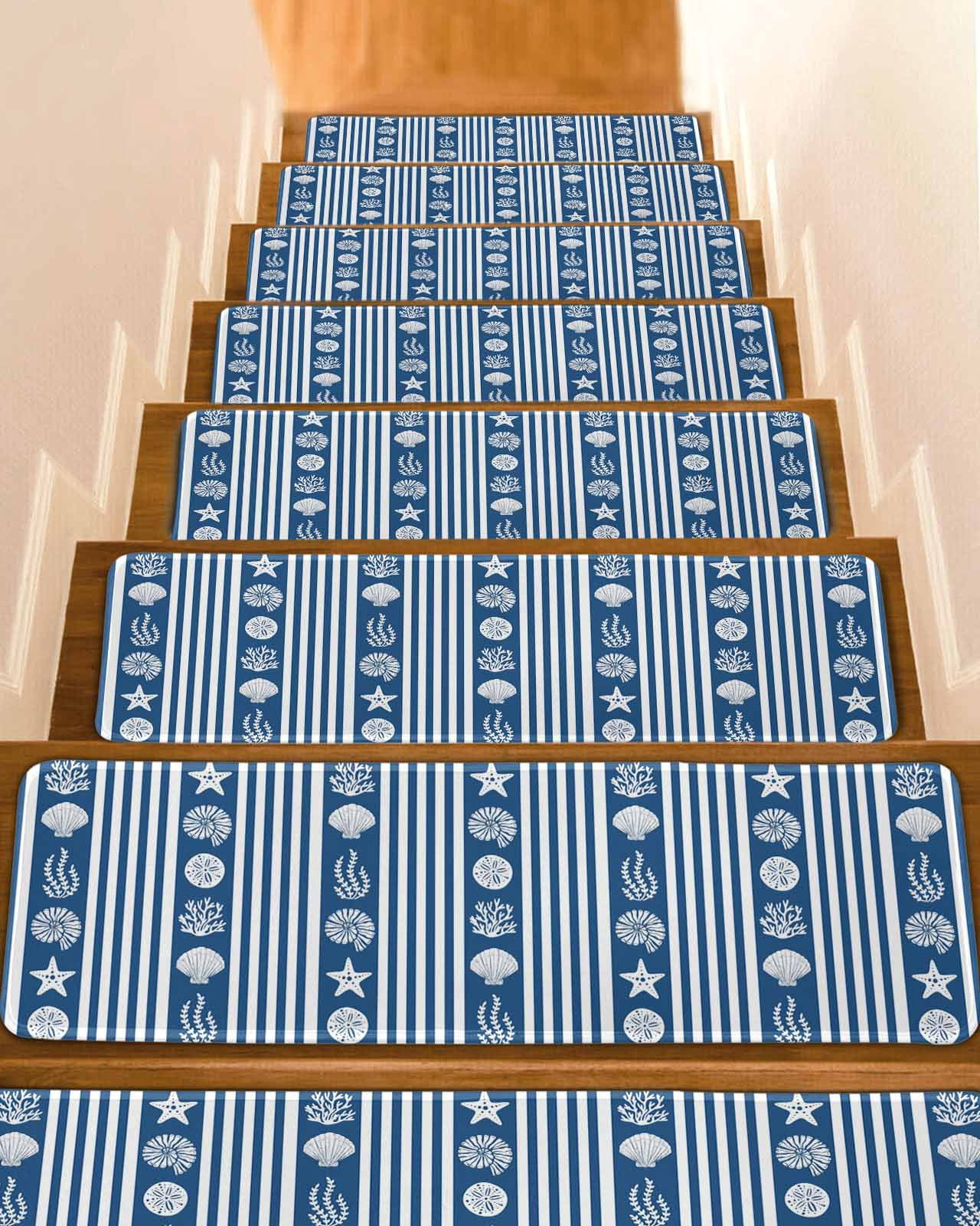 Navy Blue Striped Coastal Stair Treads for Wooden Steps Indoor Runner ...