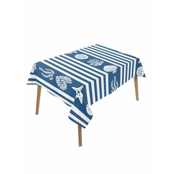 Navy Blue Striped Coastal Table Cloth, Nautical Beach Starfish Shell Waterproof Tablecloth for Rectangle Tables, Reusable Washable Fabric Table Cover for Restaurant Kitchen Dining Tables 60"x102"