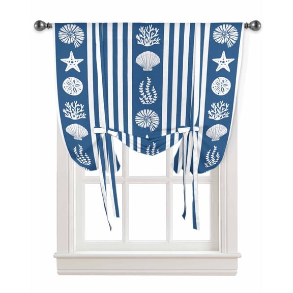 Navy Blue Striped Coastal Tie Up Curtains for Kitchen Bathroom Bedroom Windows 63 Inch Length, Nautical Beach Starfish Shell Balloon Drape Curtains Shade Rod Pocket Drapery Curtain Panel, 52"x63"