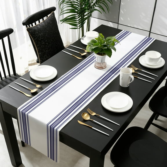 Navy Blue Striped Cotton Linen Table Runner 18 x 72 inch Modern White Striped Abstract Art Aesthetics Non-slip Rectangular Dining Table Decor for Wedding Party Holiday Dinner
