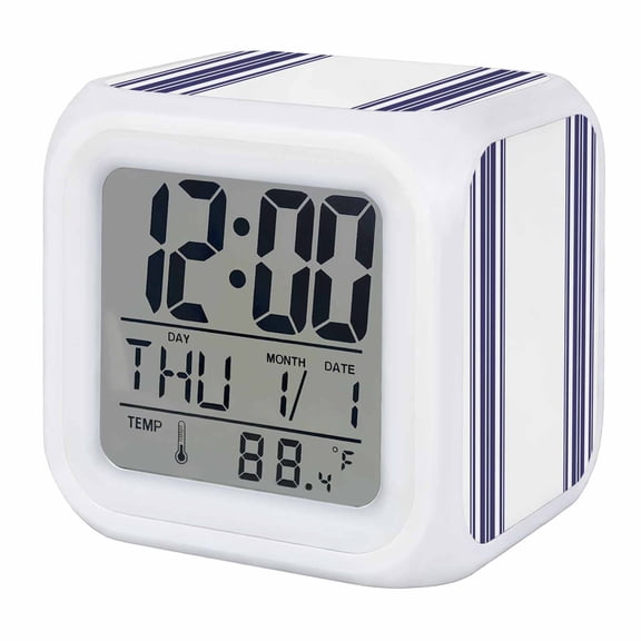 Navy Blue Striped Digital Alarm Clock for Bedrooms,Smart LED Alarm Clock with 7 Color Night Light,Modern White Striped Abstract Art Aesthetics Silent Wake Up Clocks for Sleep Study Cooking 3.2"x3.2"