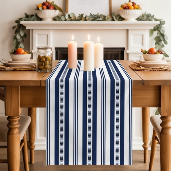 Navy Blue Striped Dining Table Runner, Modern Farmhouse Stripes Rustic Geometric Washable Table Runners Kitchen Coffee Table Center Decor for Home Party Holiday Wedding 13 x 108 Inches