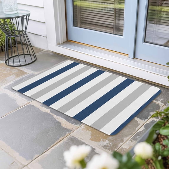 Navy Blue Striped Door Mat Indoor Outdoor,Geometric Grey White Vertical Stripes Non Slip Welcome Mat with Rubber Backing,Absorbent Fabric Front Door Mats Entryway Rug for Home Patio Entrance 24"x36"