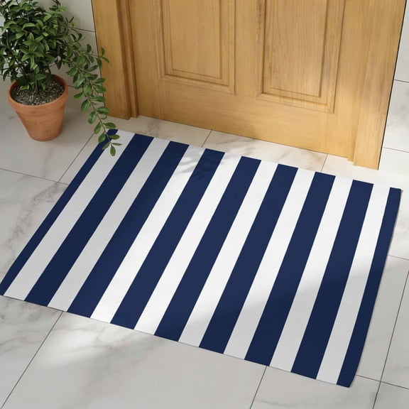 Navy Blue Striped Door Mat, Non Slip Bathroom Rugs, Modern Farmhouse Blue White Stripes Absorbent Floor Mats, Washable Runner Rug Indoor Doormat for Front Door Entrance, Patio, Garage 18"x30"