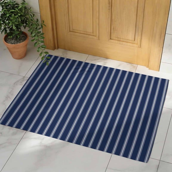 Navy Blue Striped Door Mat, Non Slip Bathroom Rugs, Navy Blue White Farmhouse Stripes Absorbent Floor Mats, Washable Runner Rug Indoor Doormat for Front Door Entrance, Patio, Garage 18"x30"