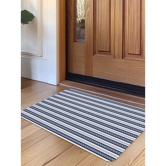 Navy Blue Striped Door Mat Indoor Outdoor Entrance, Non Slip Rug for Kitchen Bathroom Entryway Rug, Farmhouse Striped Geometric Art Washable Doormat Floor Mat for Office Home Decor 24x36 Inch
