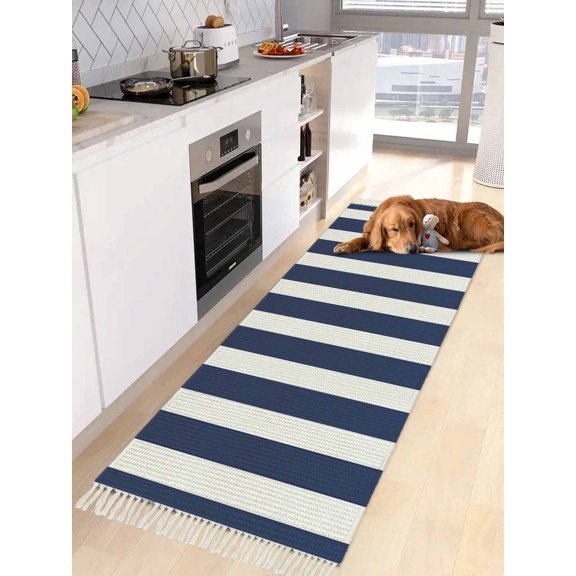 Navy Blue Striped Entryway Runner Rug 2x4ft,Modern Farmhouse Blue White Stripes Washable Woven Living Room Hallway Bedroom Kitchen Carpet with Tassels,Indoor Outdoor Throw Door Mat for Entryway