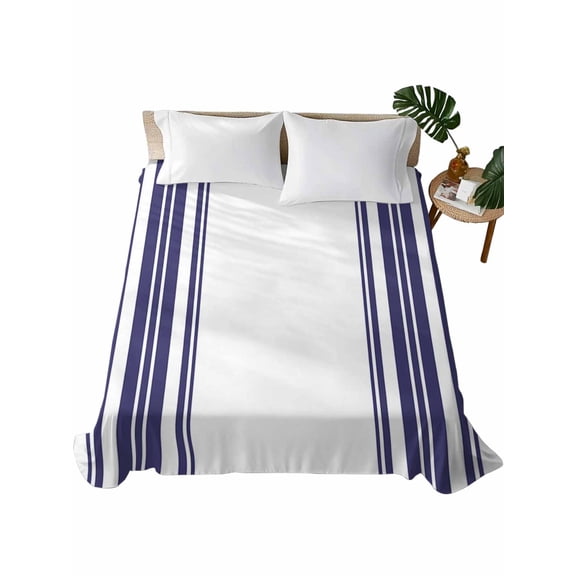 Navy Blue Striped Flat Sheets Only Queen Size, Soft Breathable Bed Top Sheets for Mattress, Modern White Striped Abstract Art Aesthetics Bedding Flat Sheets for Home Hotel Bedroom Bed Protection