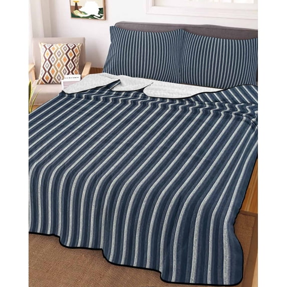 Navy Blue Striped Full Size Down Alternative Comforter, Lightweight Comforter Quilt Bedding Set with Pillow Shams Modern Abstract Art Aesthetics All Seasons Bed Comforter Duvet Insert 78"x90"
