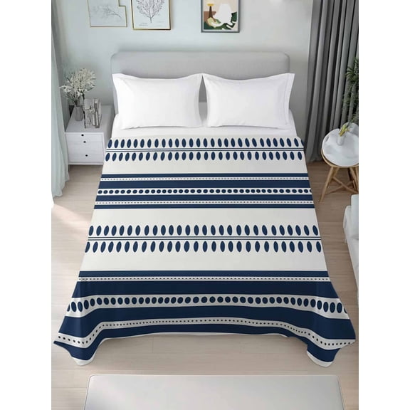 Navy Blue Striped Full Size Flat Sheet, Wrinkleproof & Fadeproof Cooling Flat Bed Sheet Only, Farmhouse Geometric Stripe Breathable Soft Bedding Top Sheets 81 x 96 Inches