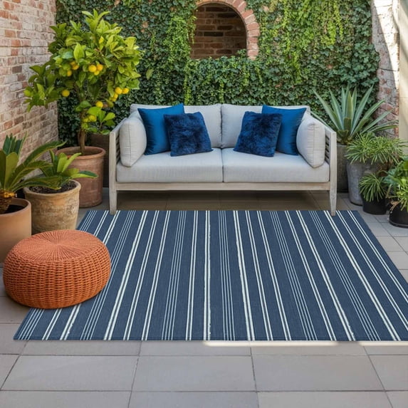 Navy Blue Striped Indoor Outdoor Rugs 3x5 Ft, Minimalism Stripes Modern Vintage Farmhouse Abstract Outdoor Patio Rugs Mat Washable Outside Area Rugs Carpet for Porch Deck RV Camping Balcony Backyard