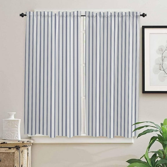 Navy Blue Striped Kitchen Curtain 39 Inch Length Small Short Cafe Tiers Curtains Drape,2 Panel Window Curtains,Farmhouse Geometric Minimalist Vertical Stripes 27.5x39