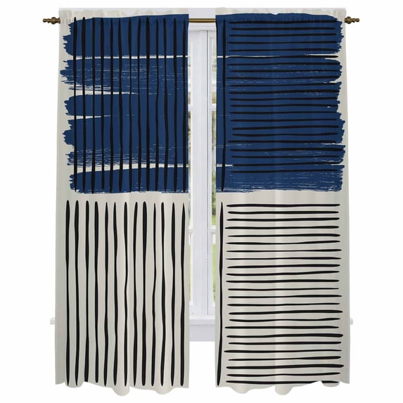 Navy Blue Striped Kitchen Curtain for Berdoom Living Room Cafe 72 Inch Length, Farmhouse Stripes Modern Abstract Tiers Curtains Light Filtering Drapes Rod Pocket Window Treatment 2 Panels 52"Wx72"L