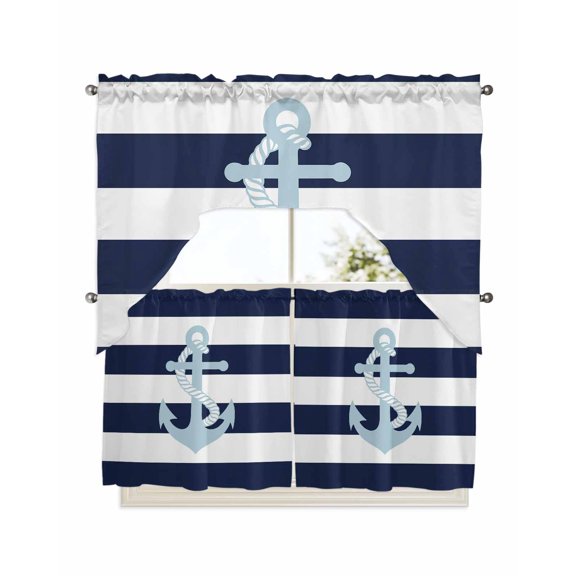 Navy Blue Striped Kitchen Curtain and Valance Set 3 Pieces, Rod Pocket Short Tier Curtains 24 Inch Length, Blue Anchor Nautical Farmhouse Swag Topper Small Window Treatment for Cafe Bathroom Bedroom