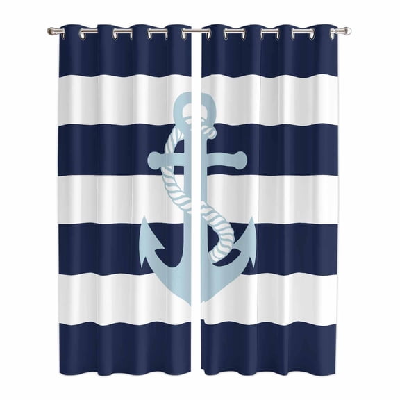 Navy Blue Striped Kitchen Curtains 84 Inch Length, Blue Anchor Nautical Farmhouse Grommet Top Bedroom Living Room Curtains, Light Filtering Cafe Curtain Drapes 2 Panels Set 84''x84''