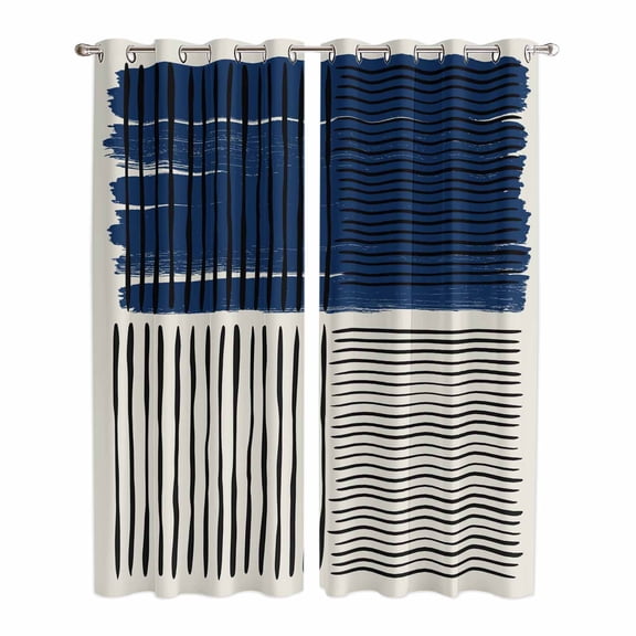 Navy Blue Striped Kitchen Curtains 84 Inch Length, Farmhouse Stripes Modern Abstract Art Grommet Top Bedroom Living Room Curtains, Light Filtering Cafe Curtain Drapes 2 Panels Set 84''x84''