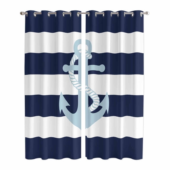 Navy Blue Striped Kitchen Curtains 96 Inch Length, Blue Anchor Nautical Farmhouse Grommet Top Bedroom Living Room Curtains, Light Filtering Cafe Curtain Drapes 2 Panels Set 104''x96''