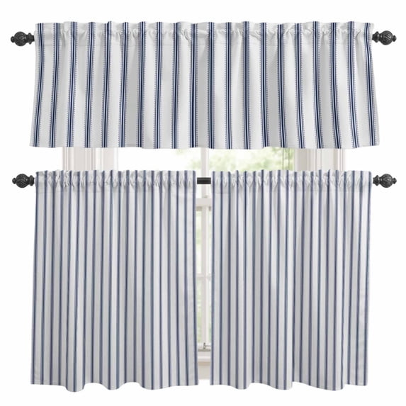 Navy Blue Striped Kitchen Curtains, Navy Blue White Stripes Farmhouse Kitchen Curtains and Valances Set of 3, Light Filtering Tailored Tier Curtain 24 Inch Length Drapes for Cafe Sink Bedroom