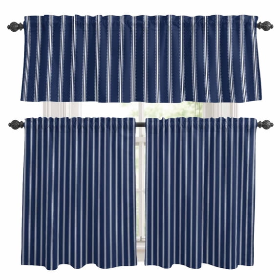 Navy Blue Striped Kitchen Curtains Sets for Windows 24 Inch Length, Navy Blue White Farmhouse Stripes Rod Pocket Window Treatments Tier Curtains and Valances Set for Bedroom/Bathroom