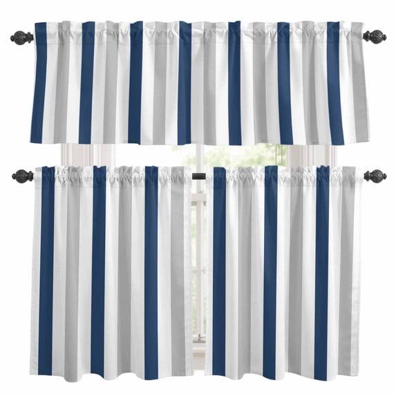 Navy Blue Striped Kitchen Curtains Sets for Windows 36 Inch Length, Geometric Grey White Vertical Stripes Rod Pocket Window Treatments Tier Curtains and Valances Set for Bedroom/Bathroom