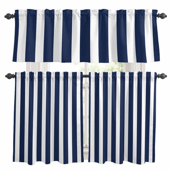 Navy Blue Striped Kitchen Curtains Sets for Windows 36 Inch Length, Modern Farmhouse Blue White Stripes Rod Pocket Window Treatments Tier Curtains and Valances Set for Bedroom/Bathroom