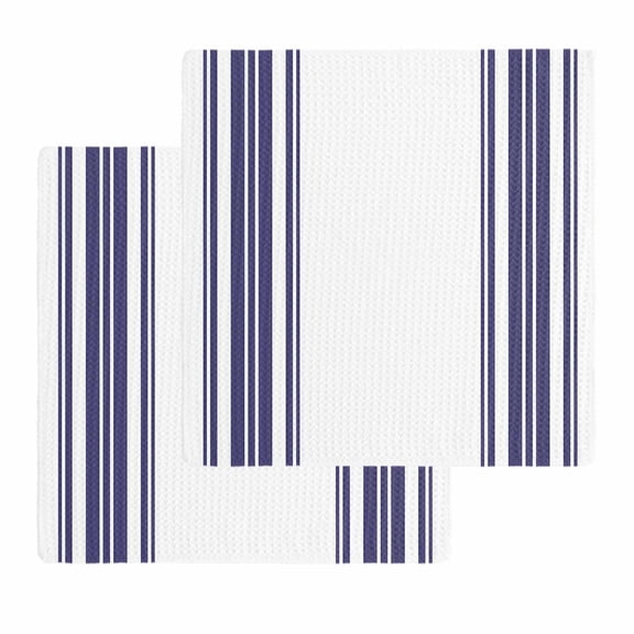 Navy Blue Striped Kitchen Dish Towels for Drying Dishes Set of 2, Modern White Striped Abstract Art Aesthetics Waffle Weave Microfiber Hand Tea Bathroom Towels Quick Dry & Absorbent Towel 12x12