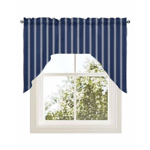 Navy Blue Striped Kitchen Swag Valance for Window,Rod Pocket Short Kitchen Curtains 36 Inch Length,Navy Blue White Farmhouse Stripes Swag Topper Small Window Treatment for Cafe Bathroom Bedroom