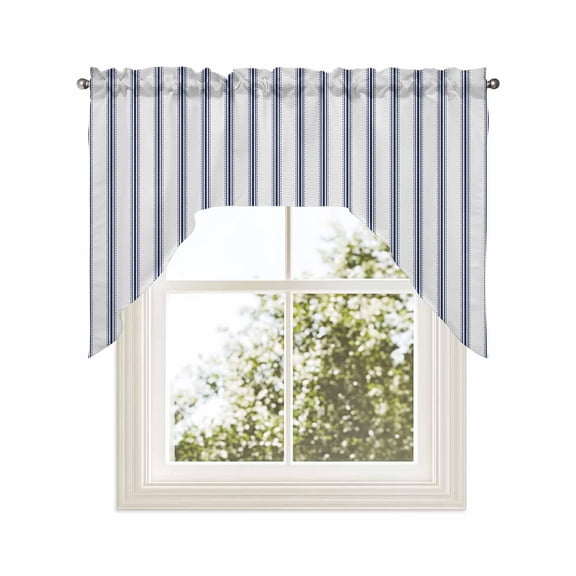 Navy Blue Striped Kitchen Swag Valance for Window,Rod Pocket Short Kitchen Curtains 36 Inch Length,Navy Blue White Stripes Farmhouse Swag Topper Small Window Treatment for Cafe Bathroom Bedroom
