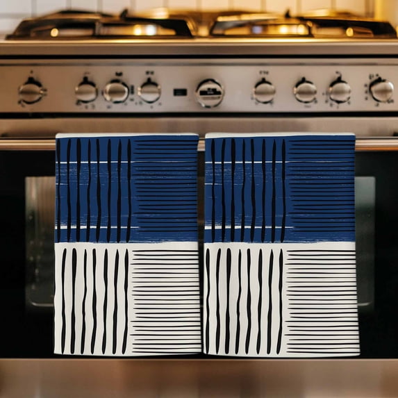 Navy Blue Striped Kitchen Towels Set of 1, Farmhouse Stripes Modern Abstract Art Absorbent Dish Towels for Kitchen, Microfiber Hand Towel, Quick Drying Tea Towel for Cleaning Decorative Dishcloths