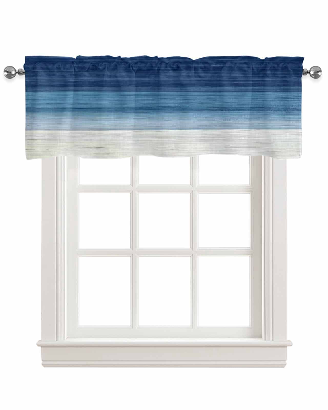 Navy Blue Striped Kitchen Valances for Windows Farmhouse Linen Window Valance Curtain for Living Room Window Treatment Modern Abstract Art Farmhouse Stripe Valance Rod Pocket Topper, 42 x 18 Inch