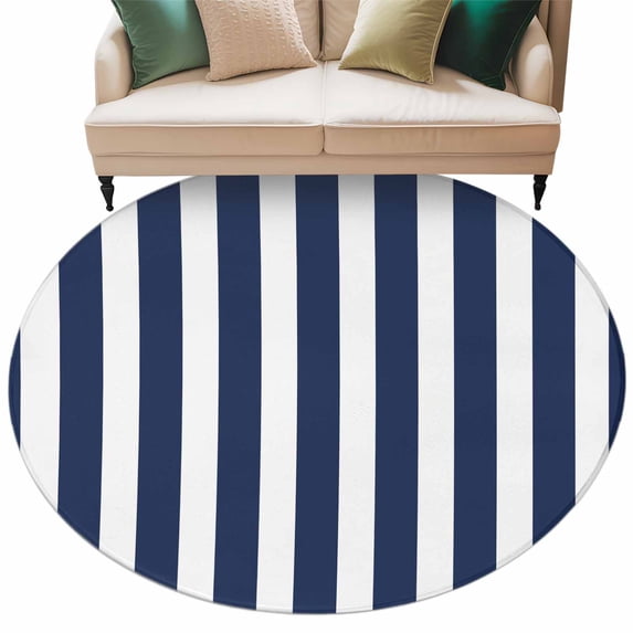Navy Blue Striped Large Area Rugs for Bedroom Living Room, Soft Non Slip Carpet Bedside Rug, Modern Farmhouse Blue White Stripes Round Floor Cover Kitchen Accent Rug 6' for Dining Room/Office