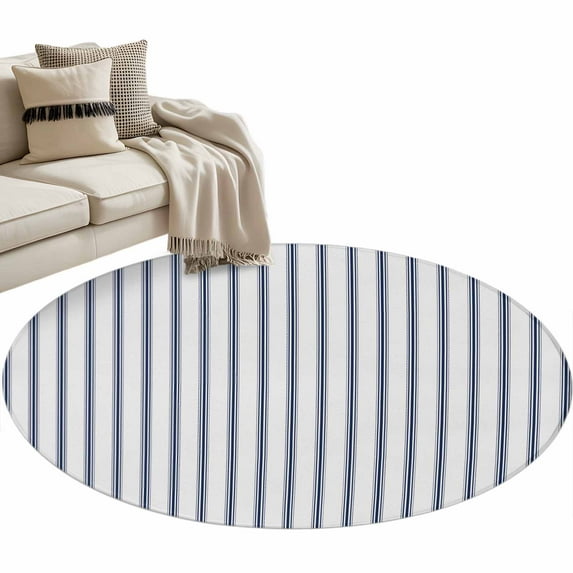 Navy Blue Striped Large Area Rugs for Bedroom Living Room, Soft Non Slip Carpet Bedside Rug, Navy Blue White Stripes Farmhouse Round Floor Cover Kitchen Accent Rug 3' for Dining Room/Office
