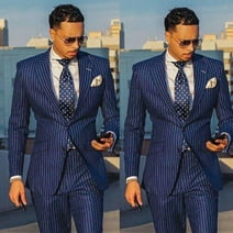 Navy Blue Striped Mens Tuxedos Groom Business Party Wedding Suits 2 Pieces